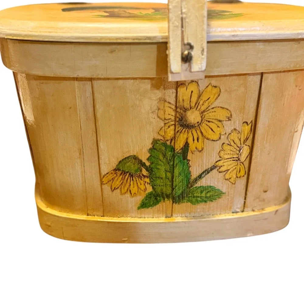 Vintage 1970s Mushroom Wooden Basket Purse Hand Painted Daisies Cottagecore